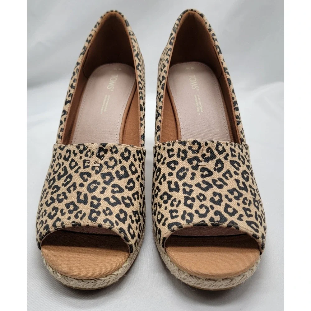 TOMS Michelle Espadrille Wedge Sandals Cheetah Print Women's Peep Toe Slip-On